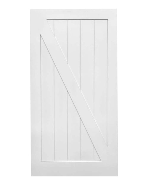 White barn-style plank pocket door with Z brace