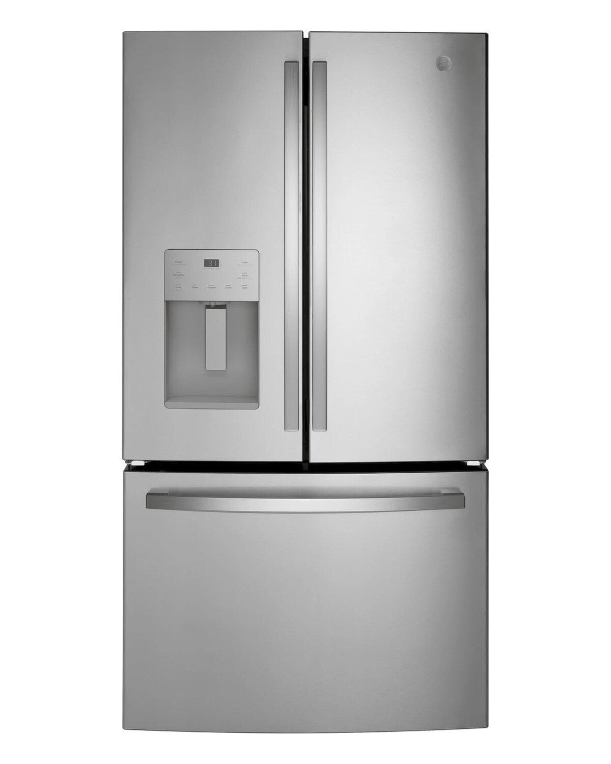 GE GYE21JYMFS Stainless Steel French Door Refrigerator, front view