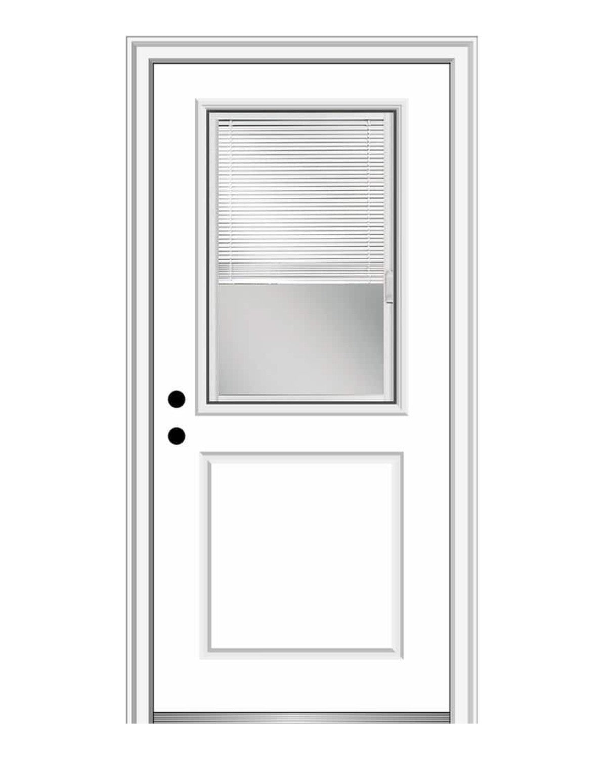 Half-lite exterior door with mini blinds between the glass