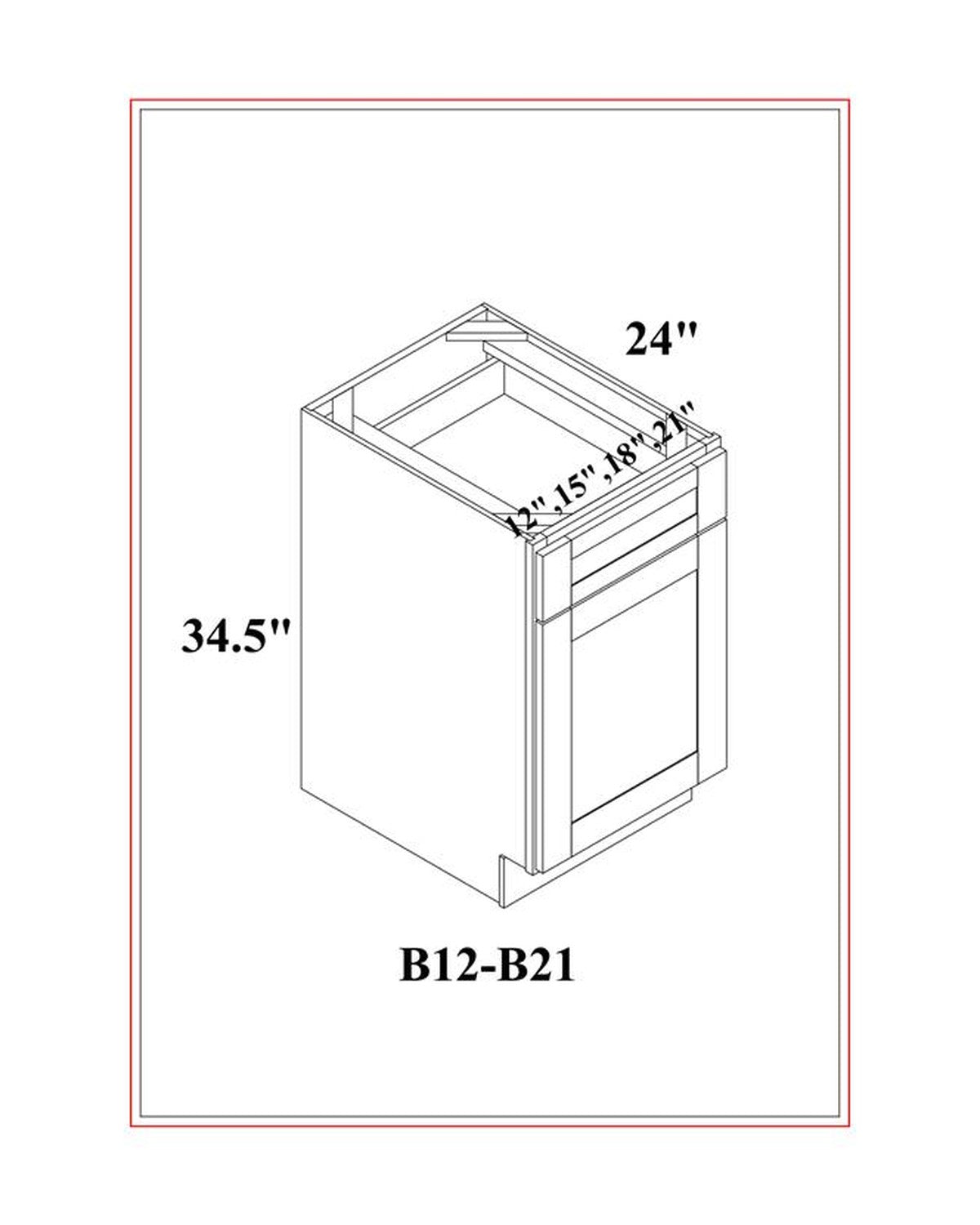 Shaker White Base Cabinet, 1 Door dimension drawing