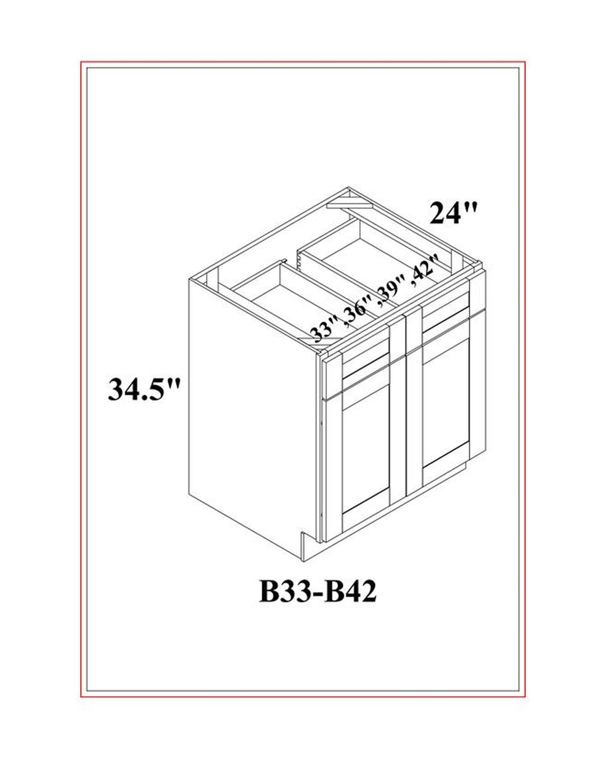 Shaker White Base Cabinet, 2 Doors & Drawers dimension drawing
