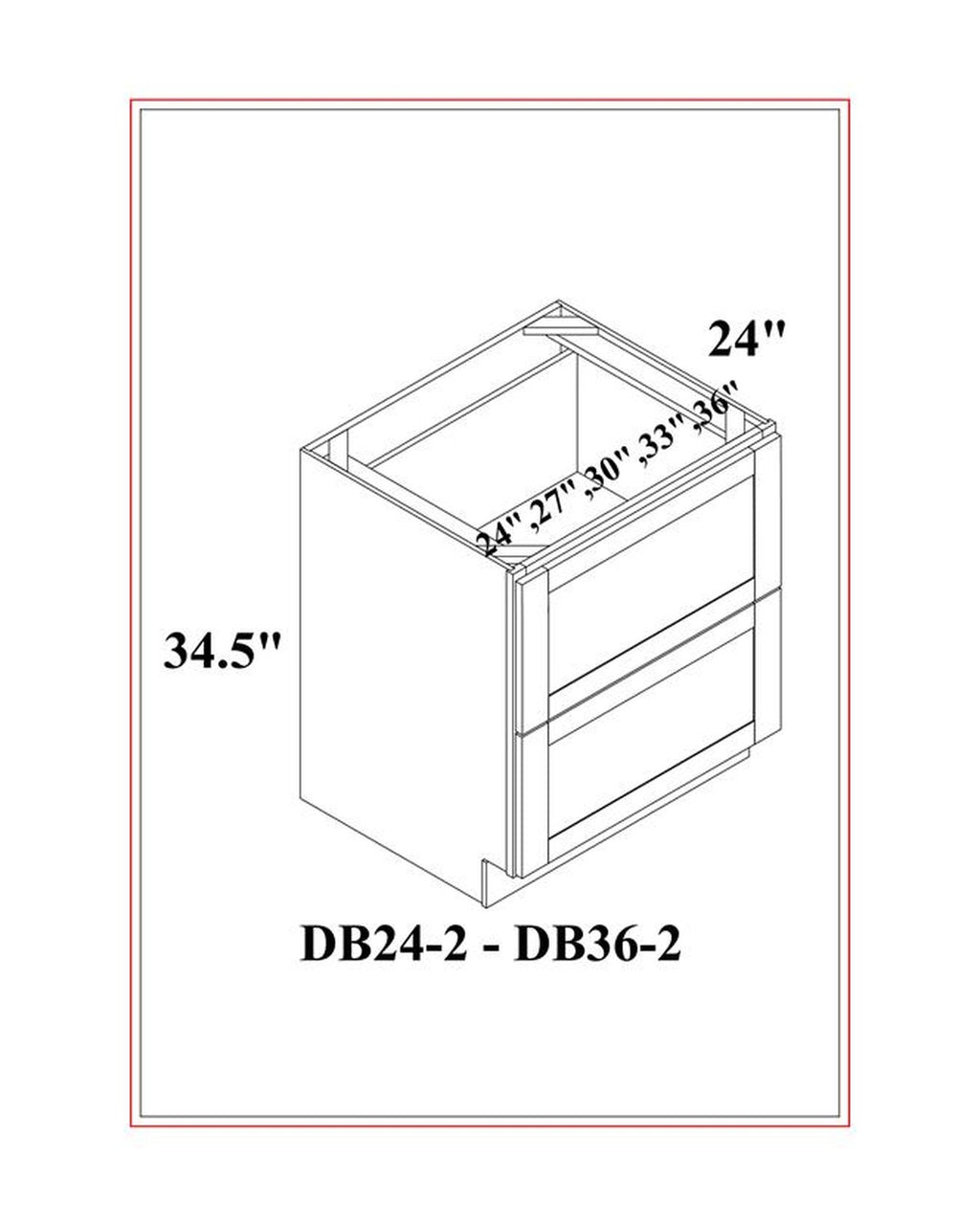 Shaker White Drawer Base Cabinet, 2 Drawers dimension drawing