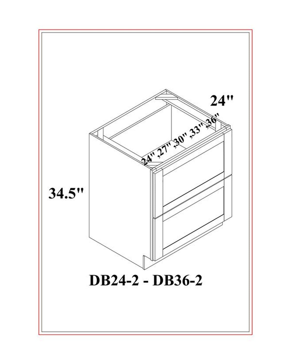 Shaker Gray Drawer Base Cabinet, 2 Drawers dimension drawing