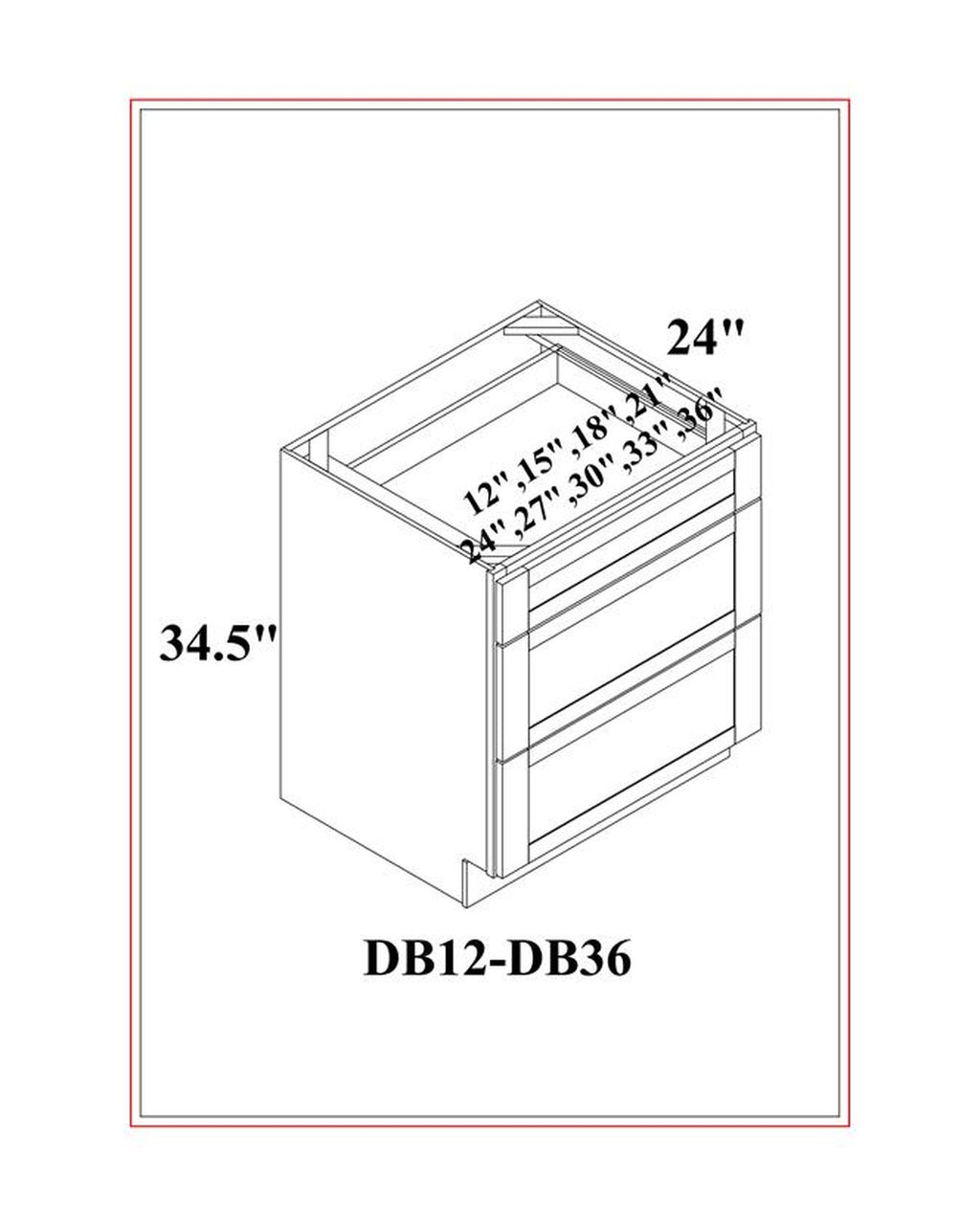 Shaker Gray Drawer Base Cabinet, 3 Drawers dimension drawing