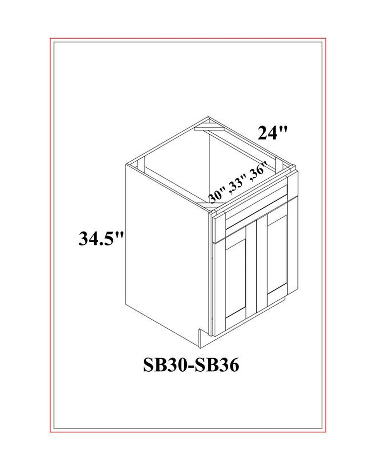 Shaker White Sink Base Cabinet dimension drawing
