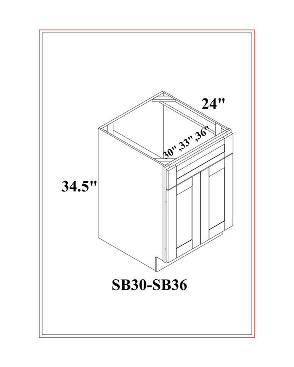 Shaker Gray Sink Base Cabinet dimension drawing